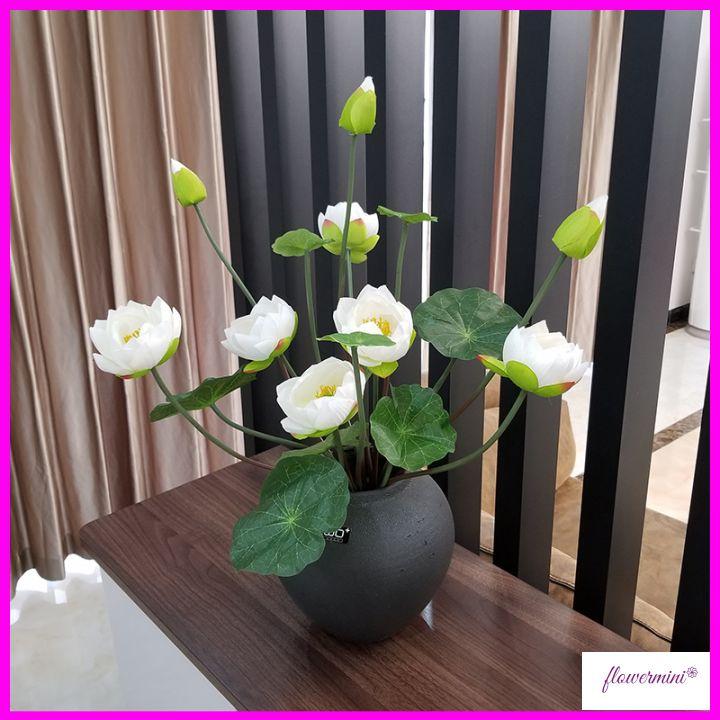 Hoa lụa, cành hoa sen giả cao cấp 2 bông 1 nụ kèm lá tuyệt đẹp trang trí phòng khách