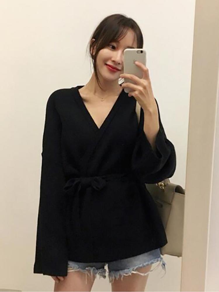 Thanh Lịch Khoác Cardigan Nữ 2021 Thu Đông Hàn Quốc Cổ Chữ V Dây Dài Tay Áo Len Dệt Kim Cardigan Nữ