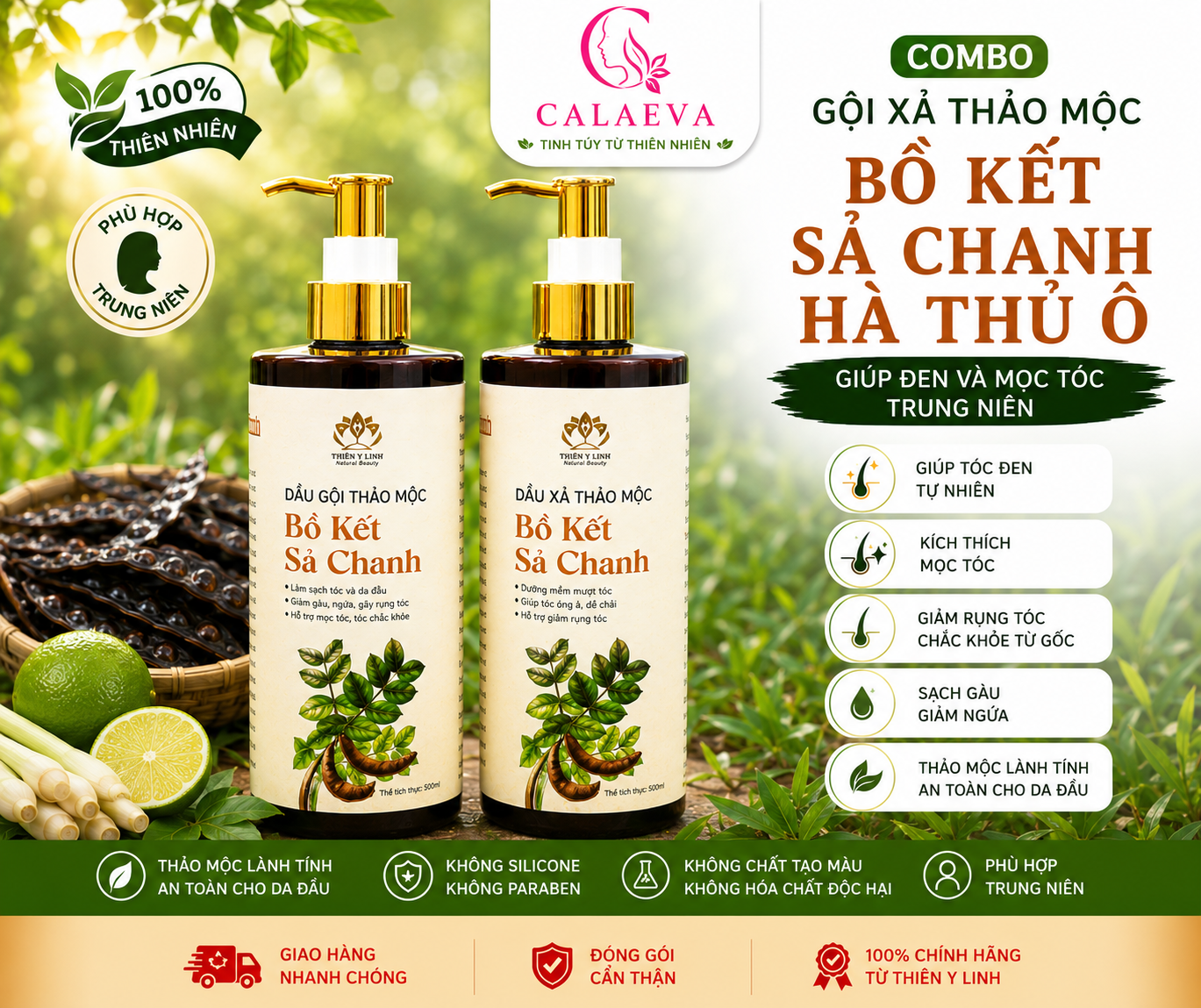 Combo Gội Xả thảo mộc Bồ Kết Sả Chanh Hà Thủ Ô giúp đen và mọc tóc trung niên
