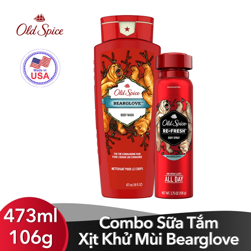 Combo Sữa Tắm+ Xịt Khử Mùi Old Spice Bearglove (Body Wash 473ml+  Body spray - 106g)