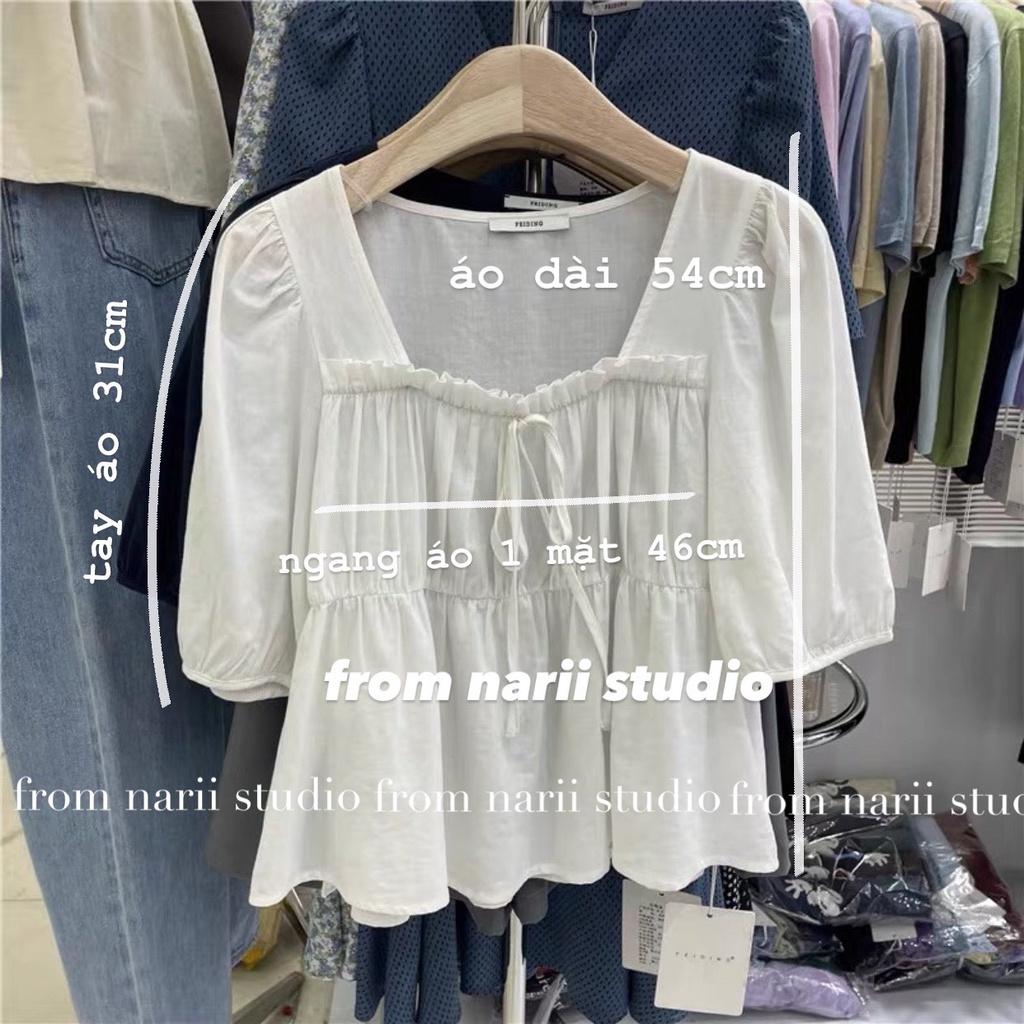 Áo sơ mi nữ kiễu tay lỡ NARII áo babydoll trắng Hàn Quốc nơ vuông xếp ly