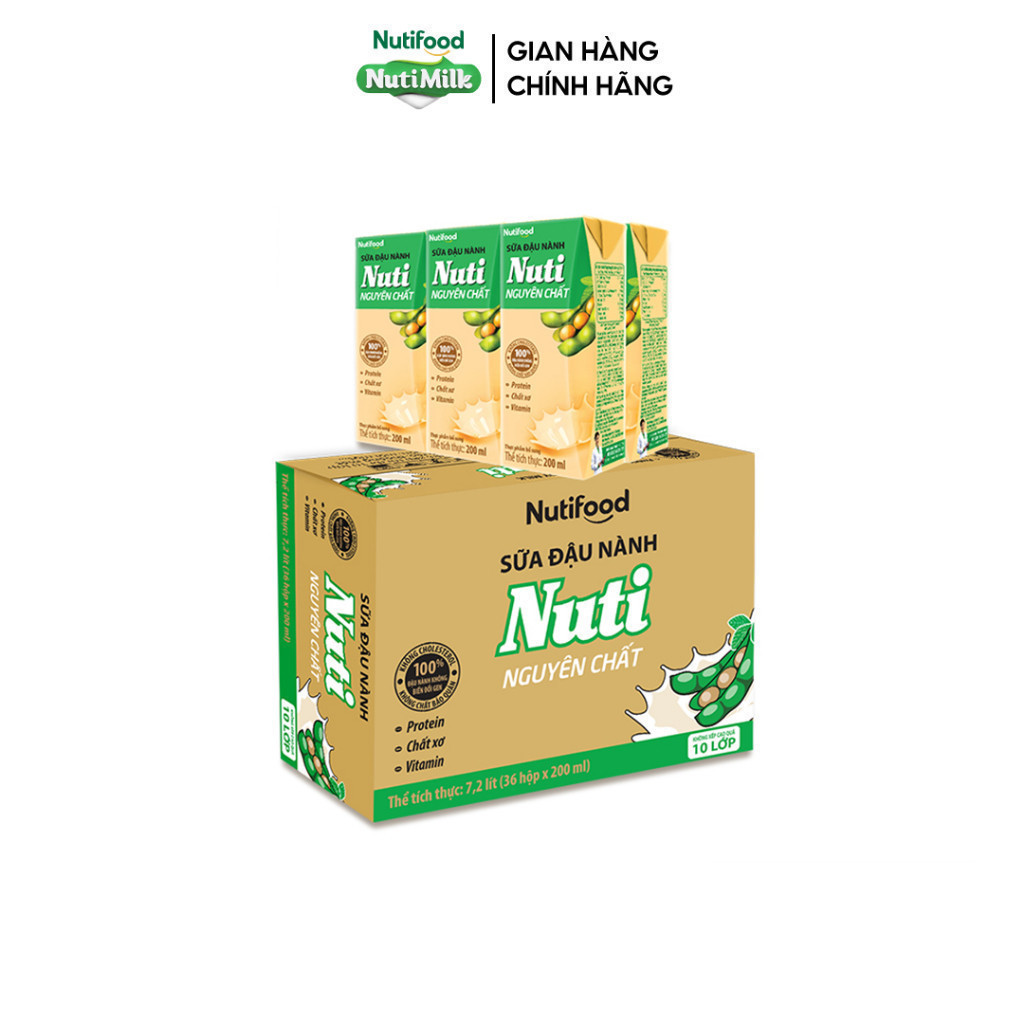 Thùng Sữa Đậu Nành Nutimilk Nguyên Chất 200ml (Hộp 200ml x 36) - Bổ Sung Dinh Dưỡng Từ Hạt Đậu Nành