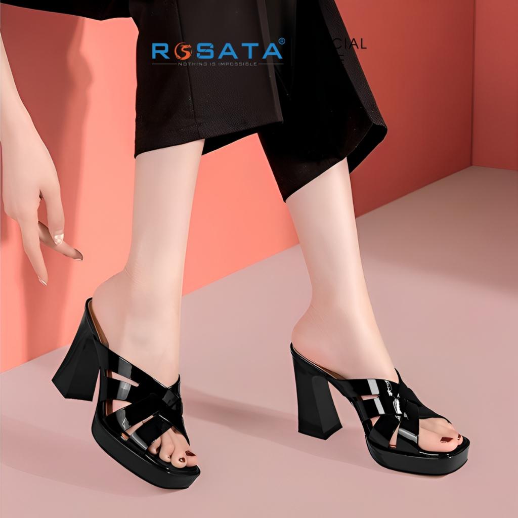 Giày sandal nữ đế cao 8 phân xỏ ngón da PU bóng ROSATA RO491 ( BẢO HÀNH 12 THÁNG ) - ĐEN