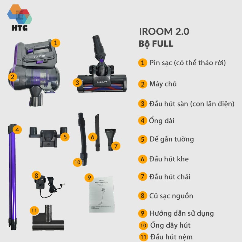 Máy hút bụi Airbot iRoom 2.0 phiên bản 19000 Pa, động cơ không chổi than, hút giường nệm và dây ống hút cầm tay, Hàng Chính Hãng