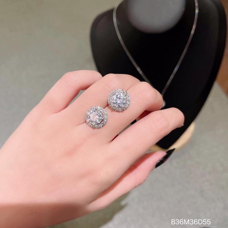 Bộ set 2 món dây chuyền bông tai đá tròn xi bạch kim siêu sáng siêu đẹp
