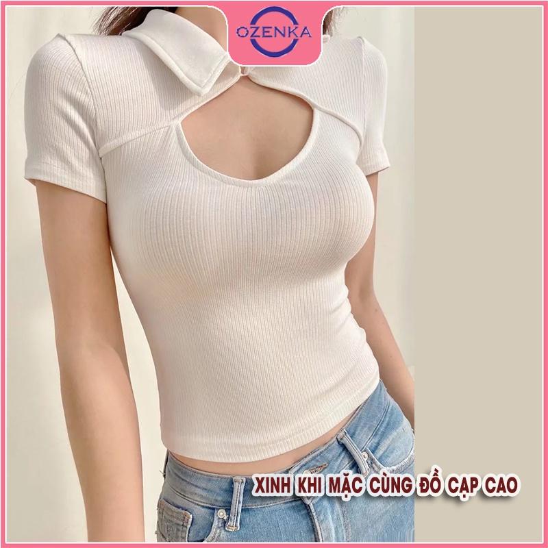 Áo croptop polo cổ bẻ tay ngắn ôm nữ, áo crt kiểu hàn quốc khoét ngực đính nút gợi cảm 100% cotton đen trắng