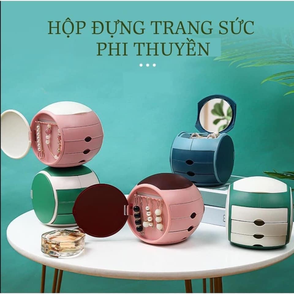 Hộp Đựng Trang Sức Phi Thuyền Nhựa Cao Cấp Có Gương, Nhiều Ngăn Tiện Lợi