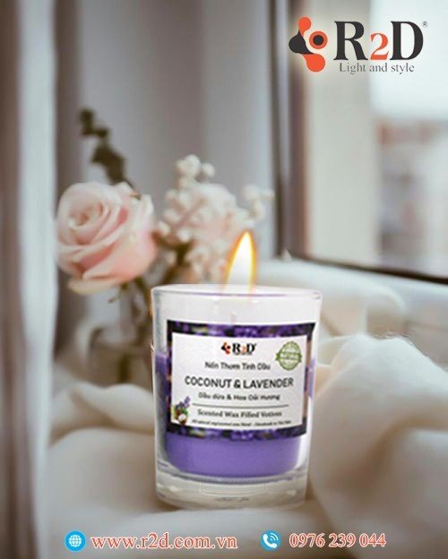 NẾN THƠM TINH DẦU COCONUT - LAVENDER [LY 300G - 0404] ĐẾN TỪ THƯƠNG HIỆU R2D, LÀM TỪ DẦU CỌ, DẦU DỪA, TINH DẦU, NGUYÊN LIỆU TỰ NHIÊN, LÀNH TÍNH