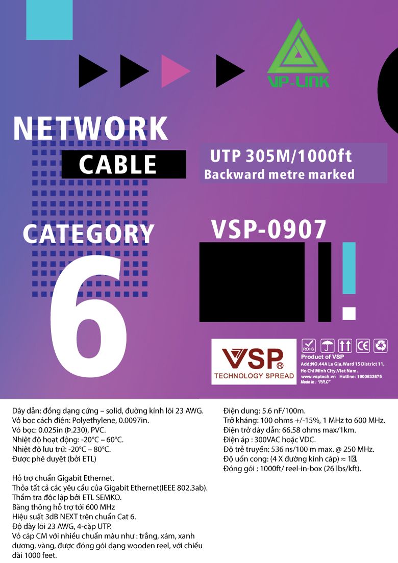 Dây mạng Cat6 VP-LINK VSP-0907 xanh dương - 305m Lõi chữ thập - Hàng chính hãng