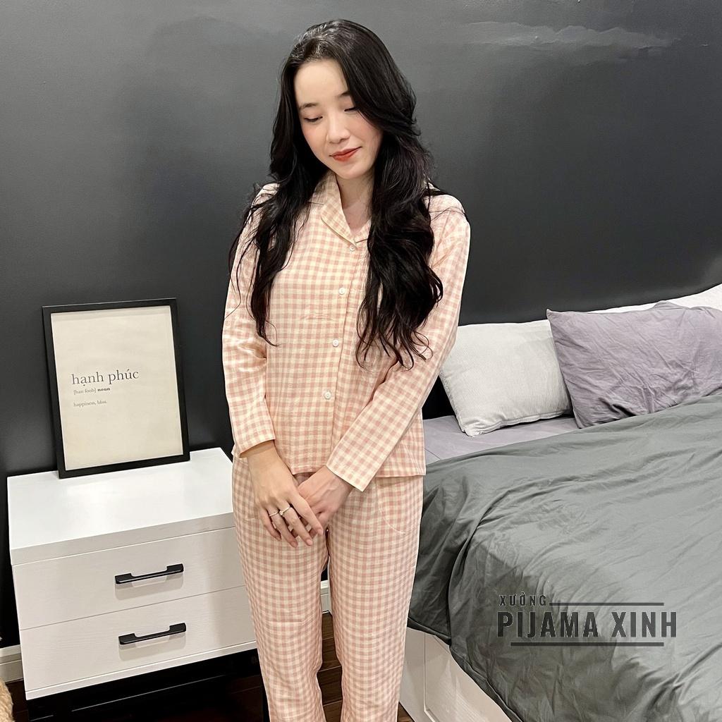 Bộ Ngủ Nữ Pyjama Đũi Xốp Dài Tay Họa Tiết Caro Hồng Dễ Thương Cho Nữ Mặc Nhàà