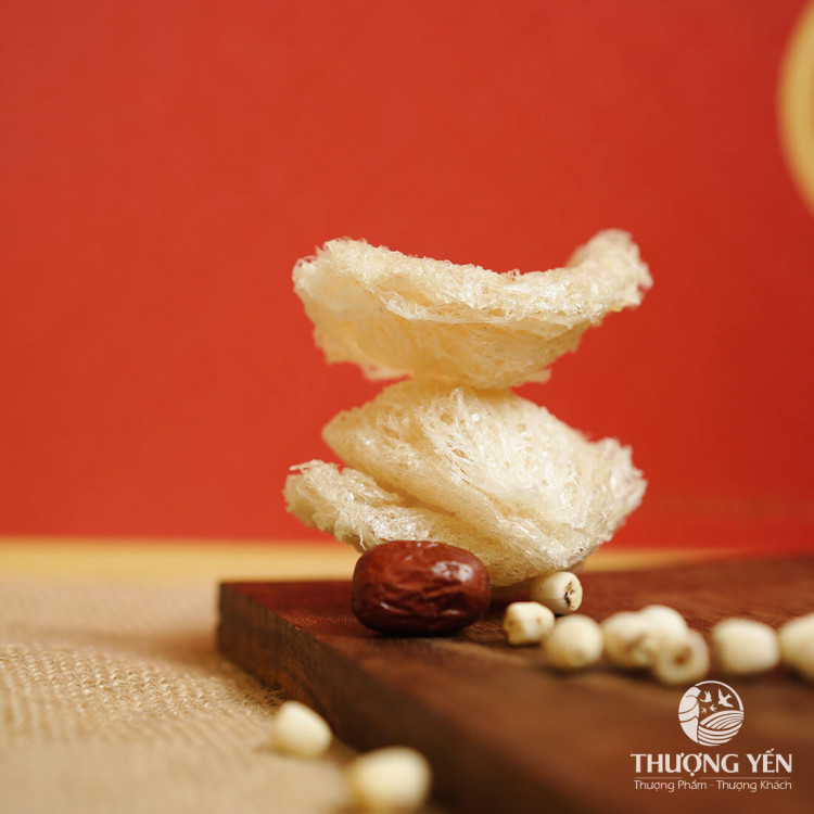 Tổ yến đã được xử lý sạch, sợi phồng, trắng, có độ bóng ánh kim, hình cánh sen đẹp mắt.