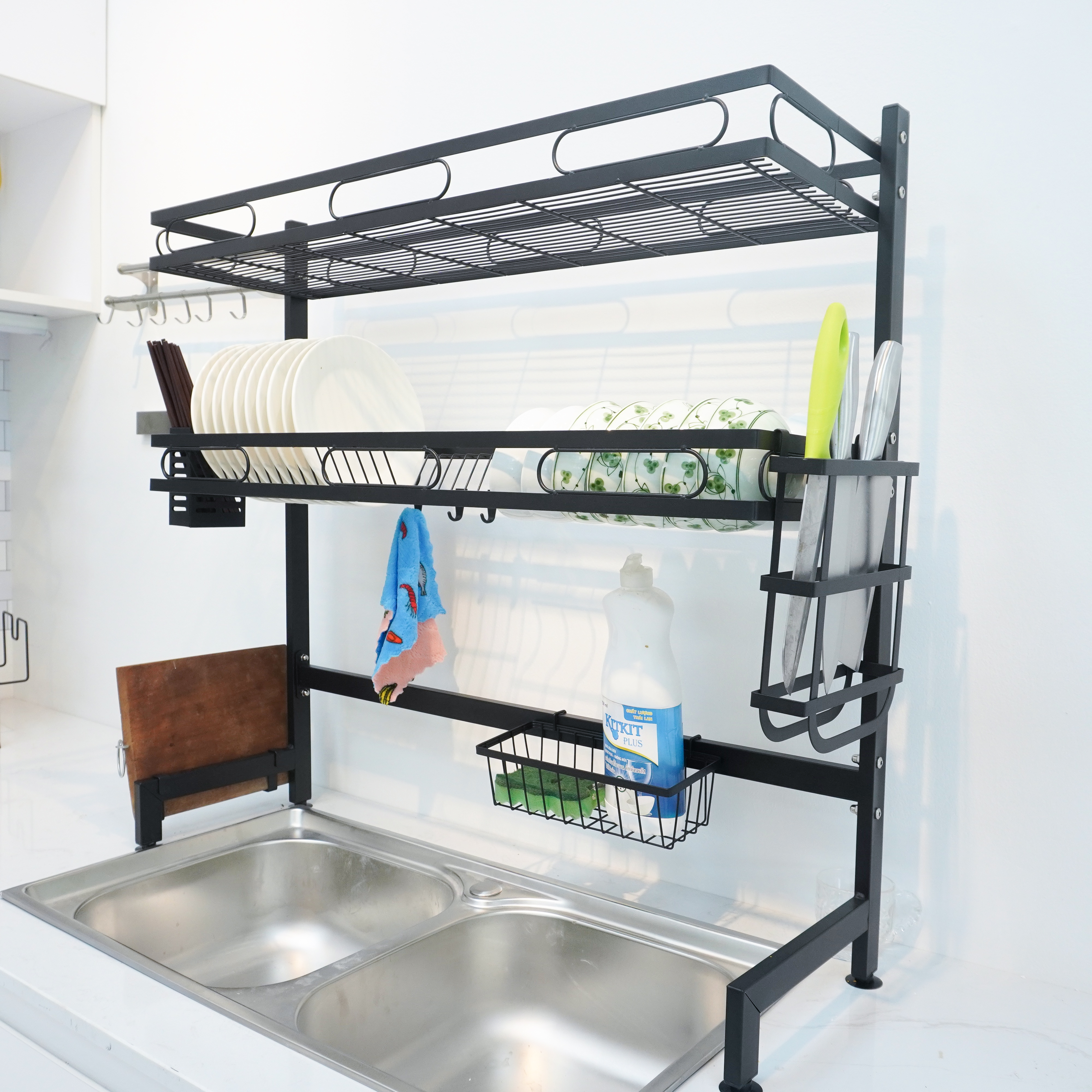 Kệ chén bát đa năng VANDO kích thước 2 tầng 95cm bằng thép carbon cao cấp không gỉ, giá để bát trên bồn rửa ráo nước cho nhà bếp sạch sẽ