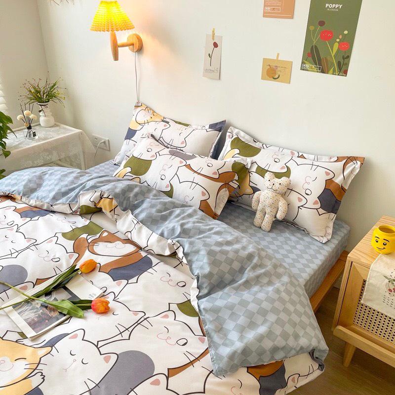 Bộ chăn ga gối Cotton poly M2T bedding vỏ chăn mền, drap ga giường và 2 vỏ gối nằm họa tiết mèo nhí nhố