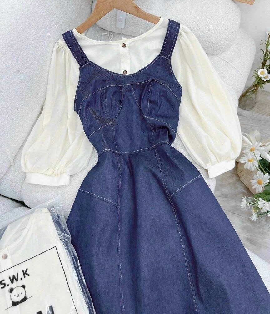 SET ĐẦM MIDI YẾM SUÔNG TRƠN DÀI 2 DÂY XÒE CỔ U JEANS DENIM MAXI + ÁO SƠ MI RỘNG NGẮN TAY DẠO PHỐ ĐI CHƠI ĐI BIỂN ĐI TIỆC