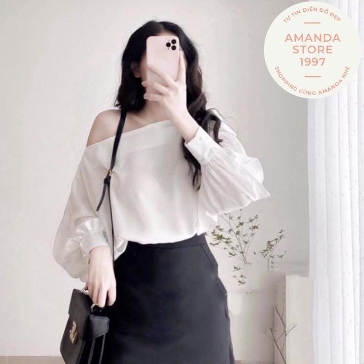 Áo sơ mi nữ dài tay trễ vai cúc ngọc kèm nơ sang chảnh chất lụa mặc siêu mát. Sơ mi dài tay bồng rớt vai điệu đà