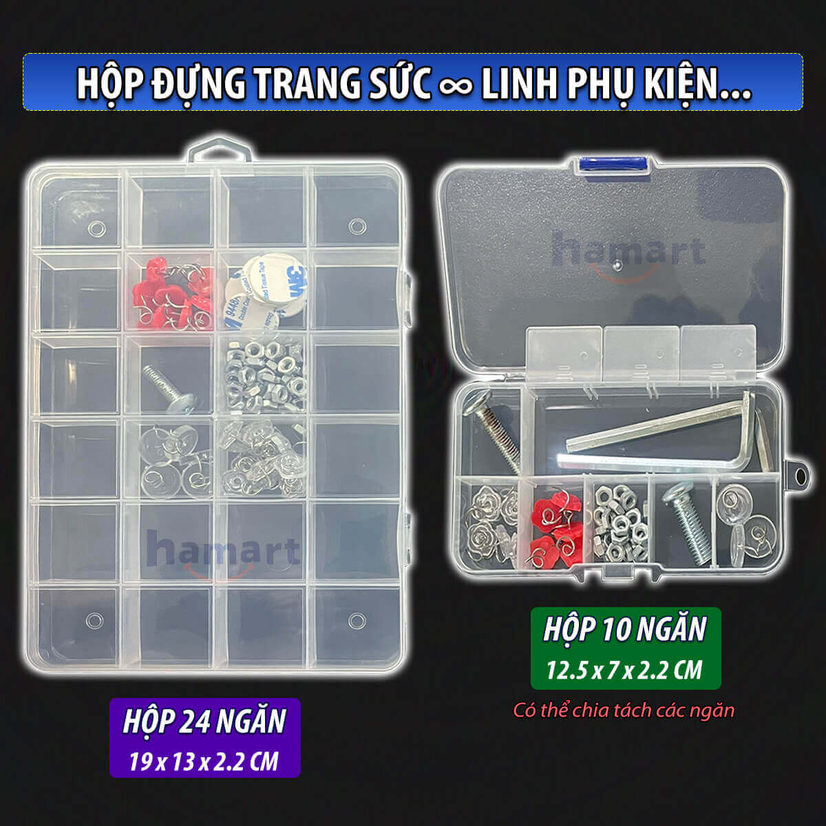 Hộp Nhựa 10 Ngăn 24 Ngăn Mini Có Nắp Trong Suốt Đựng Trang Sức Linh Kiện Điện Tử Đinh Ốc Tô Vít