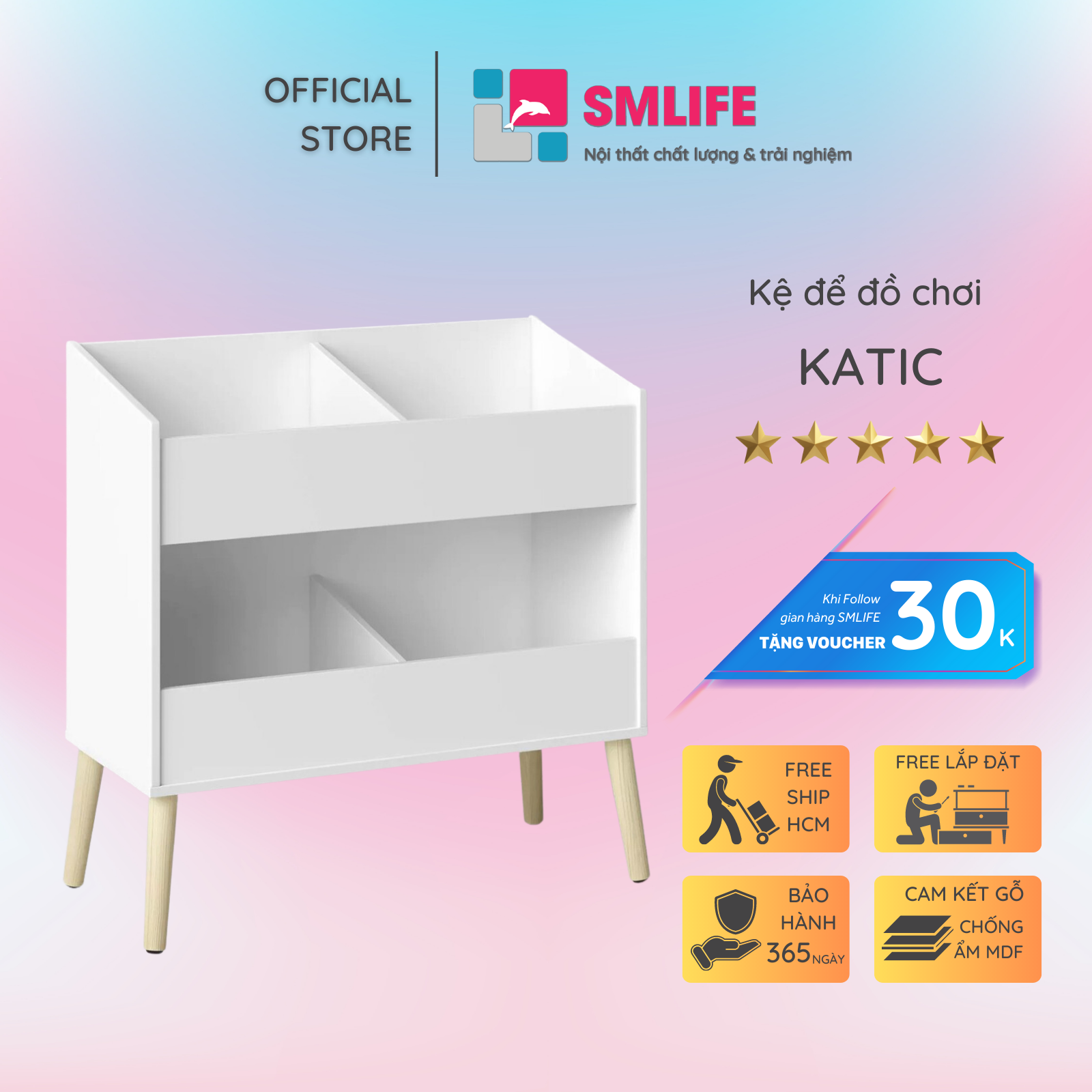 Kệ để đồ chơi cho bé SMLIFE Katic | Gỗ MDF dày 17mm chống ẩm | D75xR35xC75cm