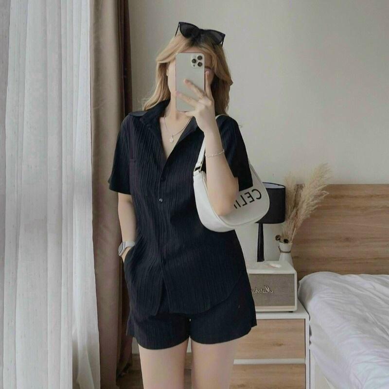 SET ÁO SƠMI XẺ LƯNG CỘT NƠ KÈM QUẦN SHORT NĂNG ĐỘNG TRẺ TRUNG