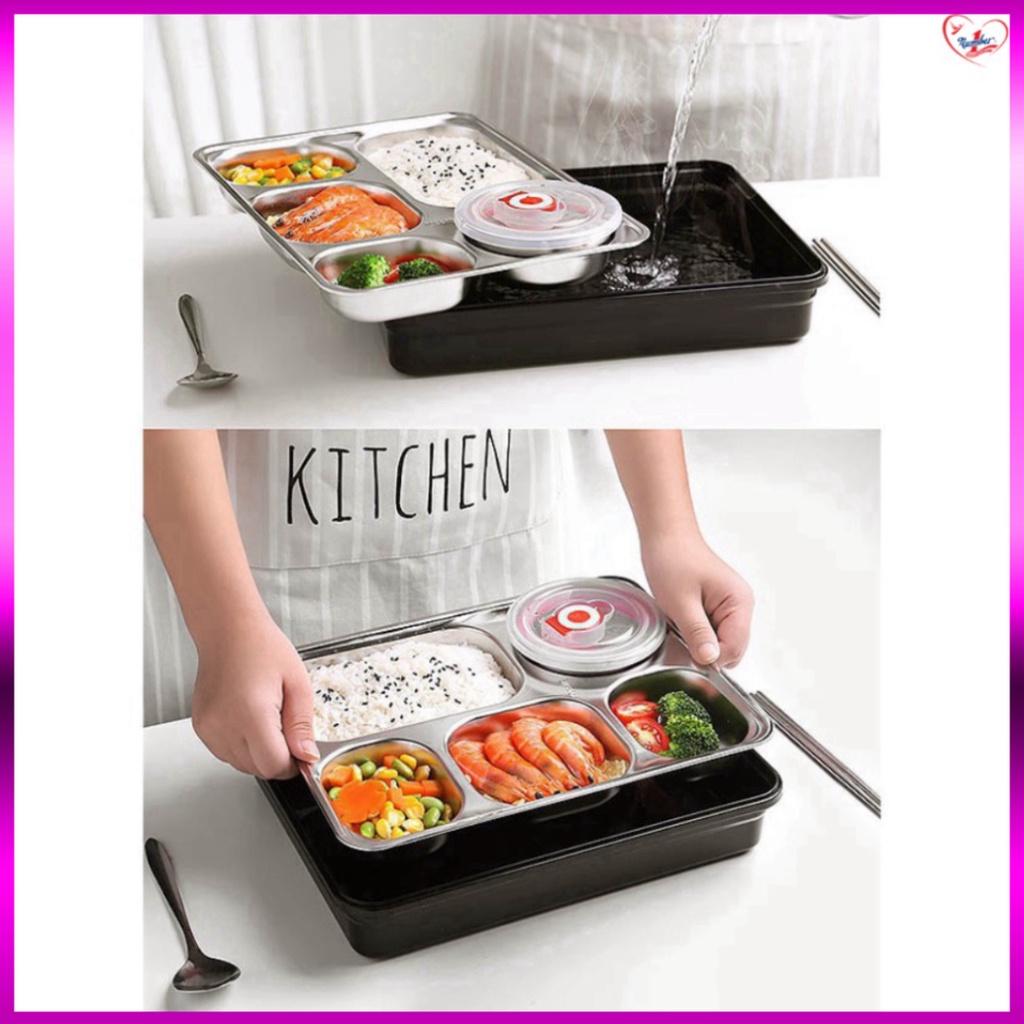 Hộp cơm văn phòng khay Inox 5 ngăn, có giá để điện thoại