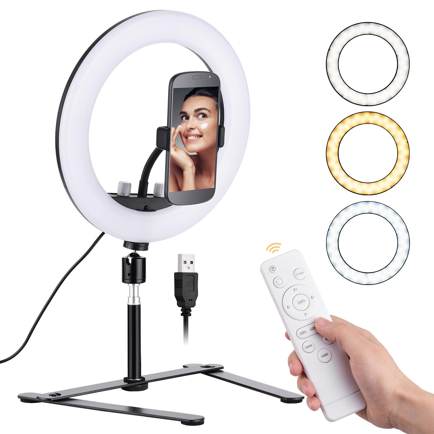 Đèn chụp ảnh 10 inch LED Ring Light 2700K-5500K Có thể thay đổi độ sáng 10W 5V USB được hỗ trợ với giá đỡ điện thoại có chân đế để bàn