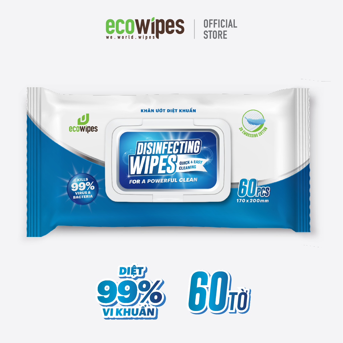 Khăn giấy ướt diệt khuẩn Ecowipes gói 60 tờ Disinfecting Wipes diệt 99,9% vi khuẩn hương chanh dịu nhẹ không kích ứng da