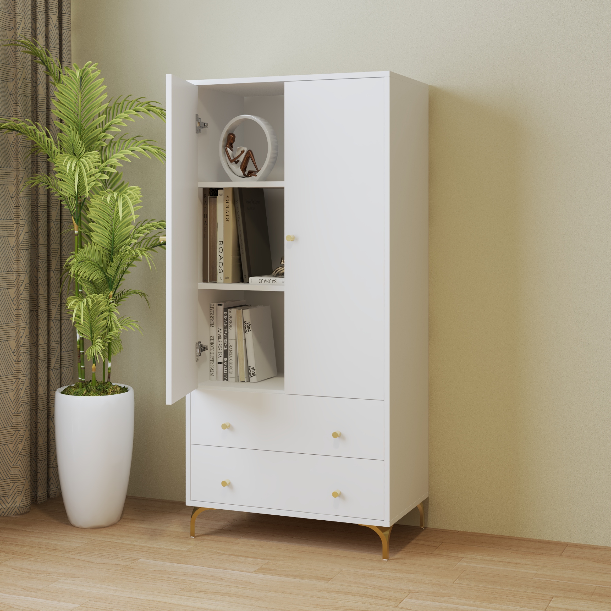 HAPPY FURNITURE , Tủ lưu trữ 2 cửa mở 2 ngăn kéo - HAPPI, TCM_229 , 70cm x 40cm x 150cm DxRxC