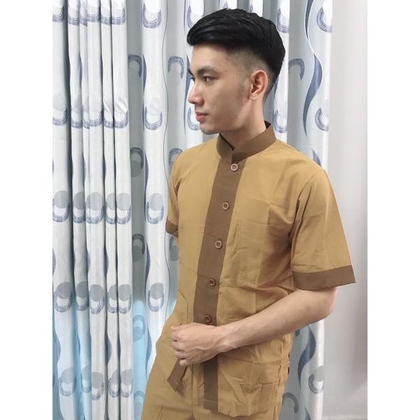 Đồ Lam Đi Chùa  Tim Tâm  Nam Nữ - Vàng Bò Lợt,Size 4- 70kí Trở Lại