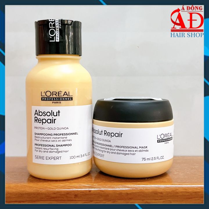 Bộ dầu gội ủ tóc L'oreal Serie Expert Absolut Repair Gold Quinoa phục hồi tóc hư tổn mềm mượt Travel Kit 100ml/75ml