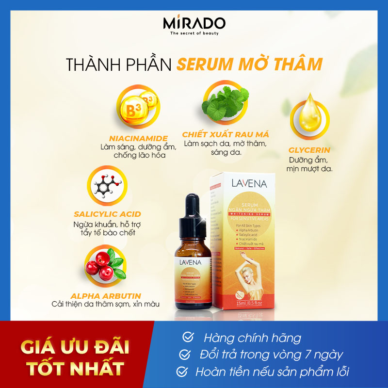 Combo Mờ Thâm, Sáng Da, Hỗ Trợ Giảm Mụn Lưng, Tẩy Da Chết, Khử Mùi Cơ thể Lavena (Kem 30g + Serum 15ml + Xịt 30ml + Sữa tắm 220ml)