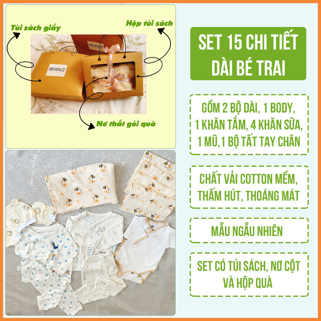 Set Quà Tặng Sơ Sinh Đầy Tháng 15 Chi Tiết Dài Tay Cho Bé Trai NB House Kids (Mẫu Ngẫu Nhiên)