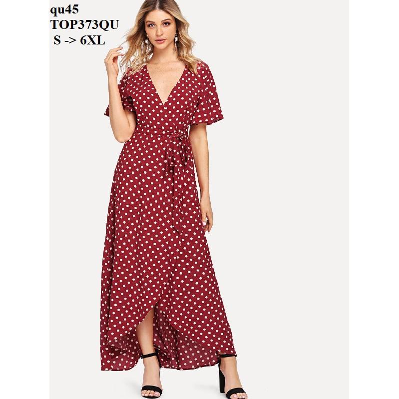 DRESS291 ĐẦM MAXI CHẤM BI NƠ EO