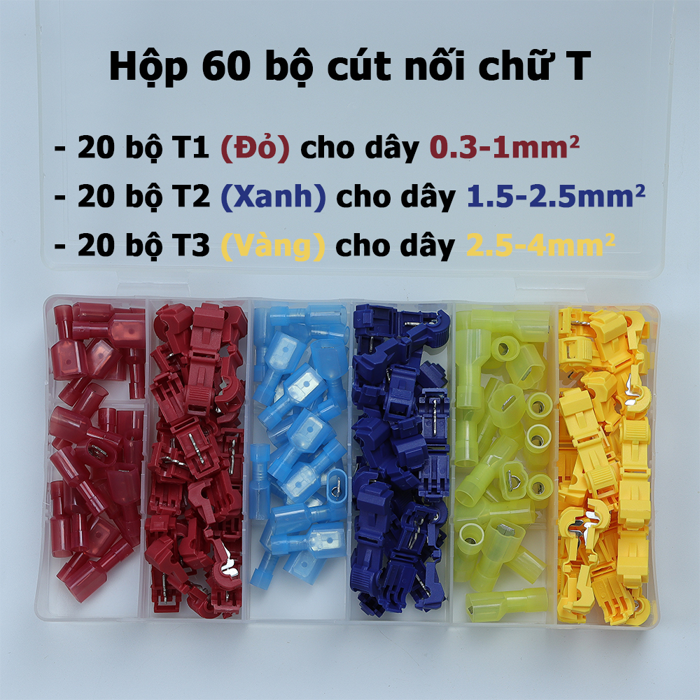 Hộp 60 bộ cút nối chữ T cút nối dây điện nhanh T1 T2 T3