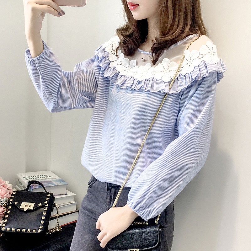 Áo Kiểu Tay Dài Phối Lưới Họa Tiết Hoa Cổ Tròn Kẻ Sọc