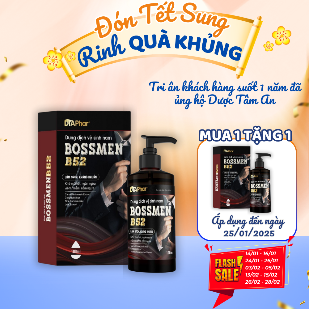 DUNG DỊCH VỆ SINH NAM BOSSMEN B52 HƯƠNG NƯỚC HOA GIỮ HƯƠNG LÂU HỖ TRỢ LÀM SẠCH KHÁNG KHUẨN NGĂN NGỪA VIÊM NHIỄM CHAI 100ML TÂM AN PHARMA