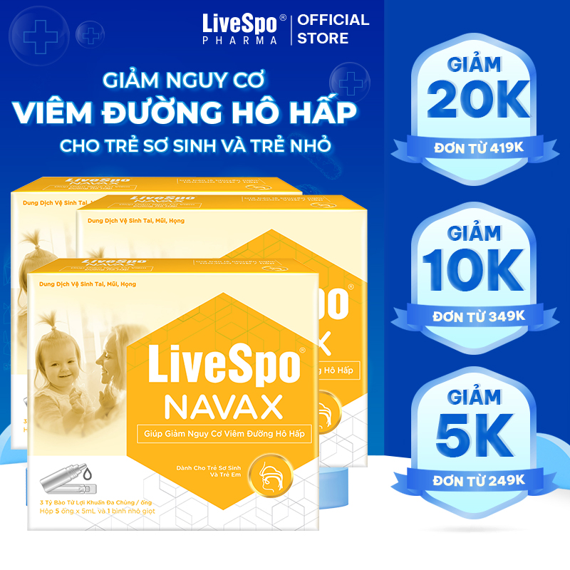 [Combo 3 Tặng 1] Combo3 hộp nước muối sinh lý bào tử lợi khuẩn LiveSpo NAVAX- Dành cho trẻ sơ sinh và trẻ em Hộp 5 ống x 5ml