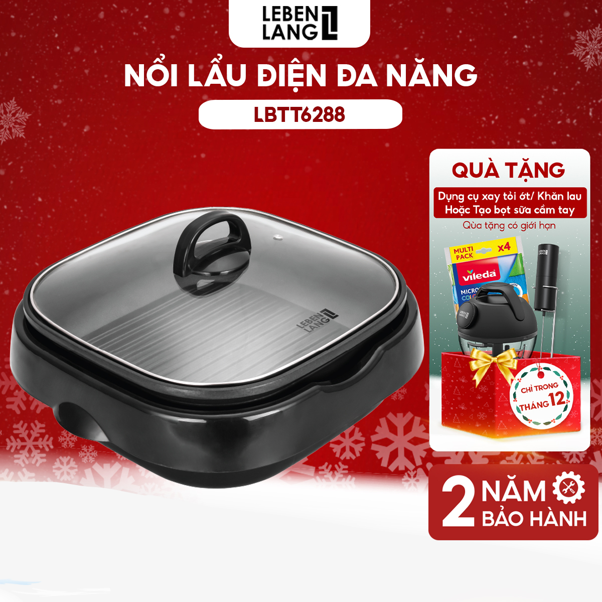 Nồi lẩu điện đa năng, nướng lẩu 2in1 Lebenlang LBTT6288, 1650W, 4l, bảo hành 2 năm - hàng chính hãng