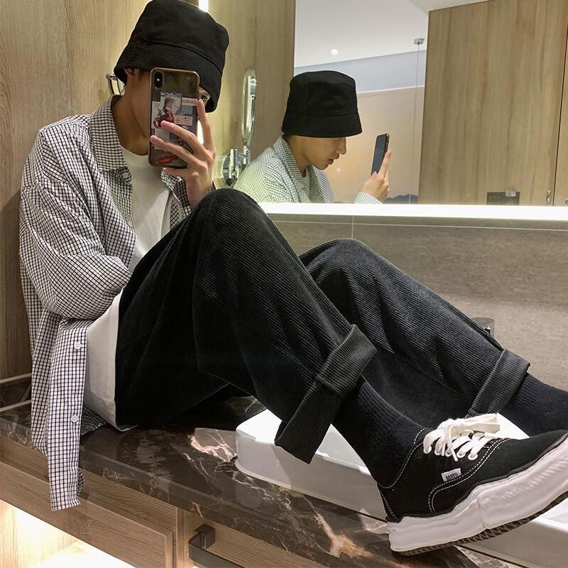 Quần Ống Rộng Baggy Lưng Cao Chất Liệu Kaki Nhung Tăm Unisex Nam Nữ Phong Cách Hàn Quốc Ulzzang