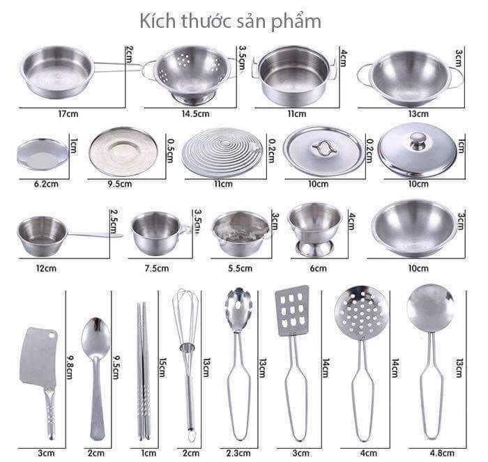 Bộ xoong nồi, bát, đũa và đồ dùng nấu ăn 40 chi tiết inox cho trẻ thỏa sức vui chơi, sáng tạo (tặng sticker Hàn Quốc)