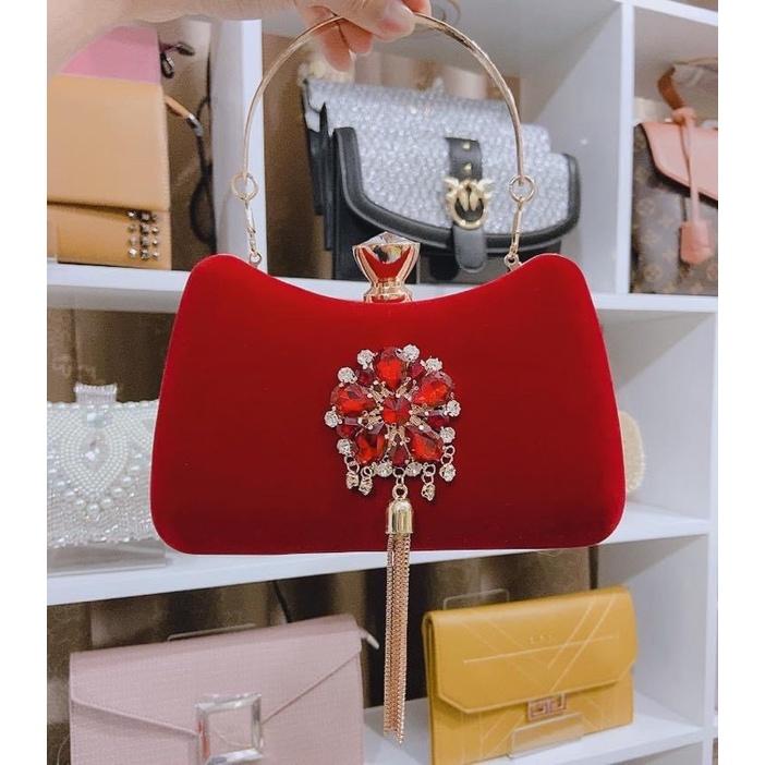 Clutch nhung đính đá tua rua cao cấp-túi nhung đá đi tiệc siêu sang