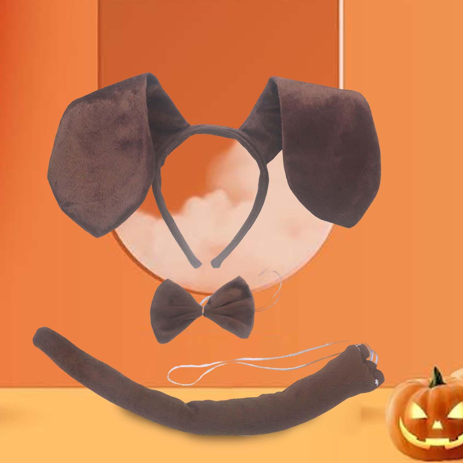 Dog Ears Headband Tail Bowtie Set Headwear Animal Ears Headband Costume Hair Hoop Dog Ears and Long Tail for Party Prom Women