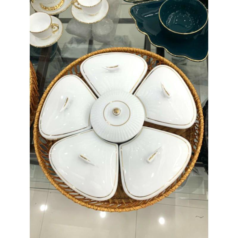 Khay mứt sứ trắng Bát Tràng viền mạ vàng kim .