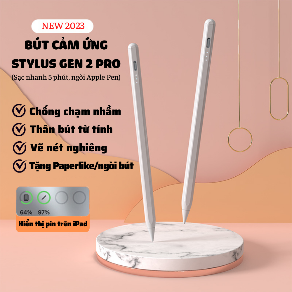 Bút cảm ứng Stylus Pen Gen 2 Pro - Chức năng chống chạm màn hình, vẽ nét nghiêng, thân bút từ tính tương thích với máy tính bảng của Apple