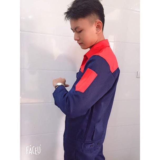 Bộ đồ bảo hộ lao động quần áo cài cúc SHUNI 008B than phối đỏ công nhân cơ khí, kỹ sư, xây dựng, làm vườn, nông nghiệp