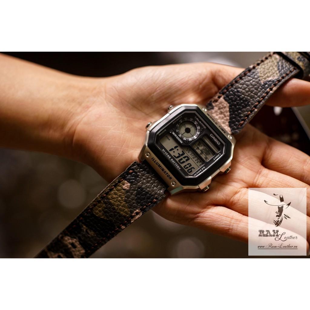 DÂY  CASIO AE1200 / SEIKO5 / ORIENT SK DA BÒ RẰN RI QUÂN ĐỘI HANDMADE