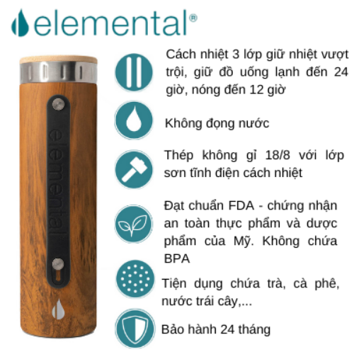 Bình giữ nhiệt Elemental Iconic màu vân gỗ 590ml, giữ nhiệt vượt trội, inox 304, FDA Hoa Kì, An toàn sức khỏe, có lưới lọc