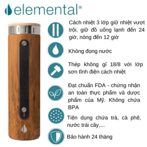 [Hàng chính hãng – Thương hiệu Mỹ] Bình giữ nhiệt Elemental Iconic màu vân gỗ 590ml, giữ nhiệt vượt trội, inox 304, FDA Hoa Kì, An toàn sức khỏe, có lưới lọc