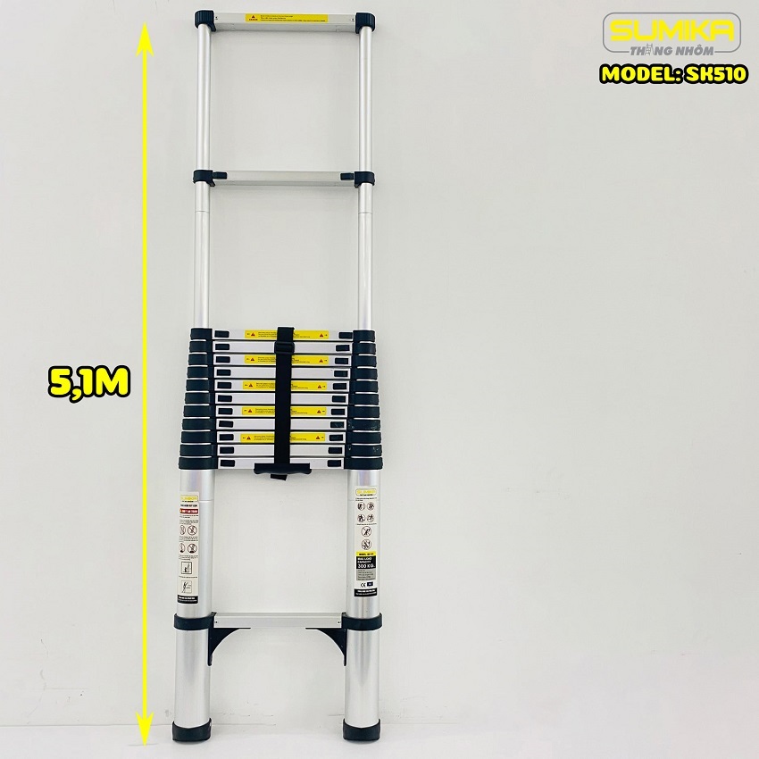 Thang Rút Đơn, Thang Nhôm Rút SUMIKA SK510, Thang Rút Đơn 5.1m, Công Nghệ Nhật Bản - Tải 300 KG - hợp kim nhôm cao cấp, khóa chốt chắc chắn, đế cao su chống trượt, nhỏ gọn - Luôn Có Phụ Kiện Thay Thế