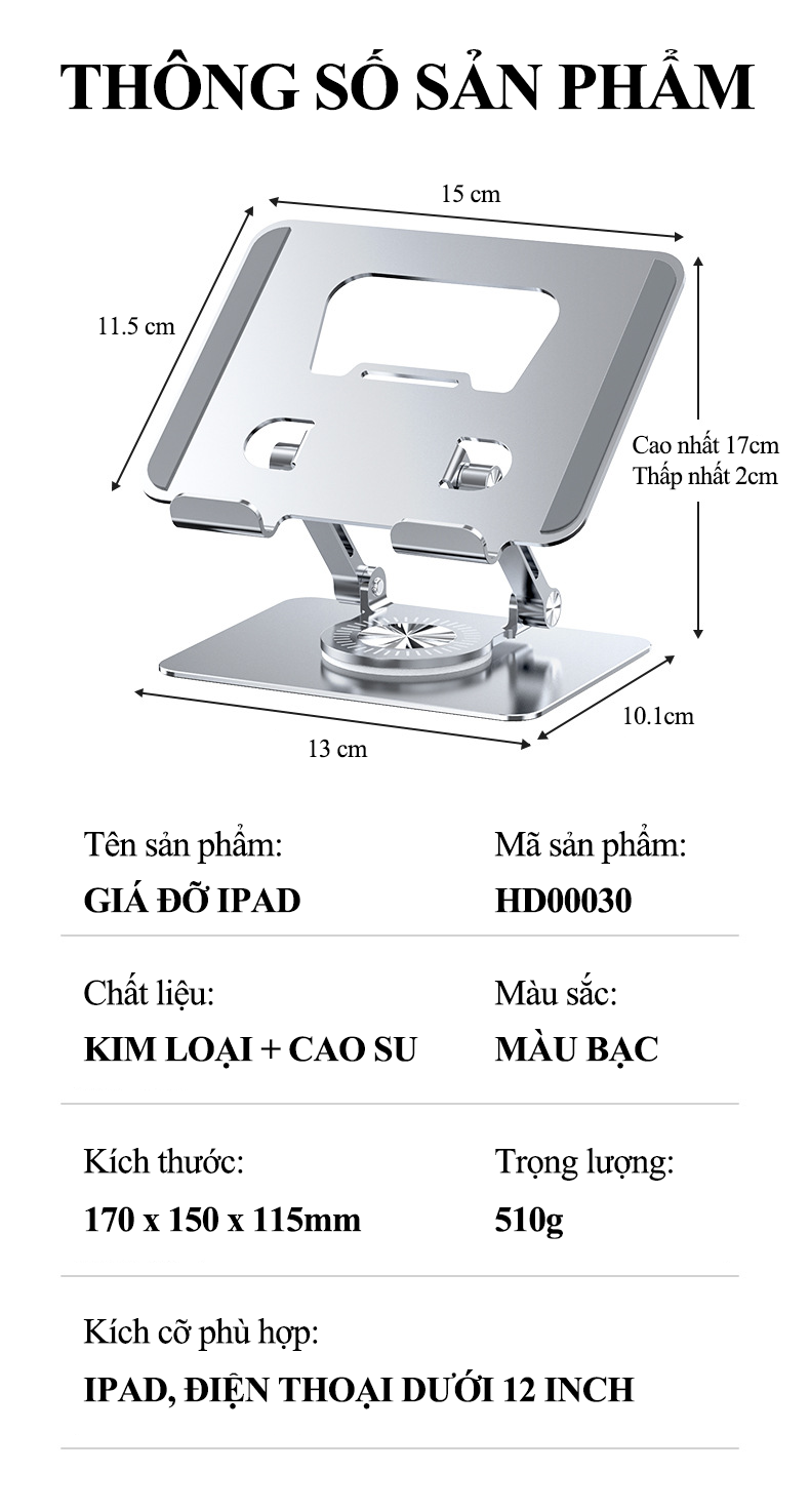 Giá đỡ điện thoại, ipad bằng kim loại cứng cáp có thể xoay 360° phù hợp cho các thiết bị từ 4 đến 12 inch HD00030