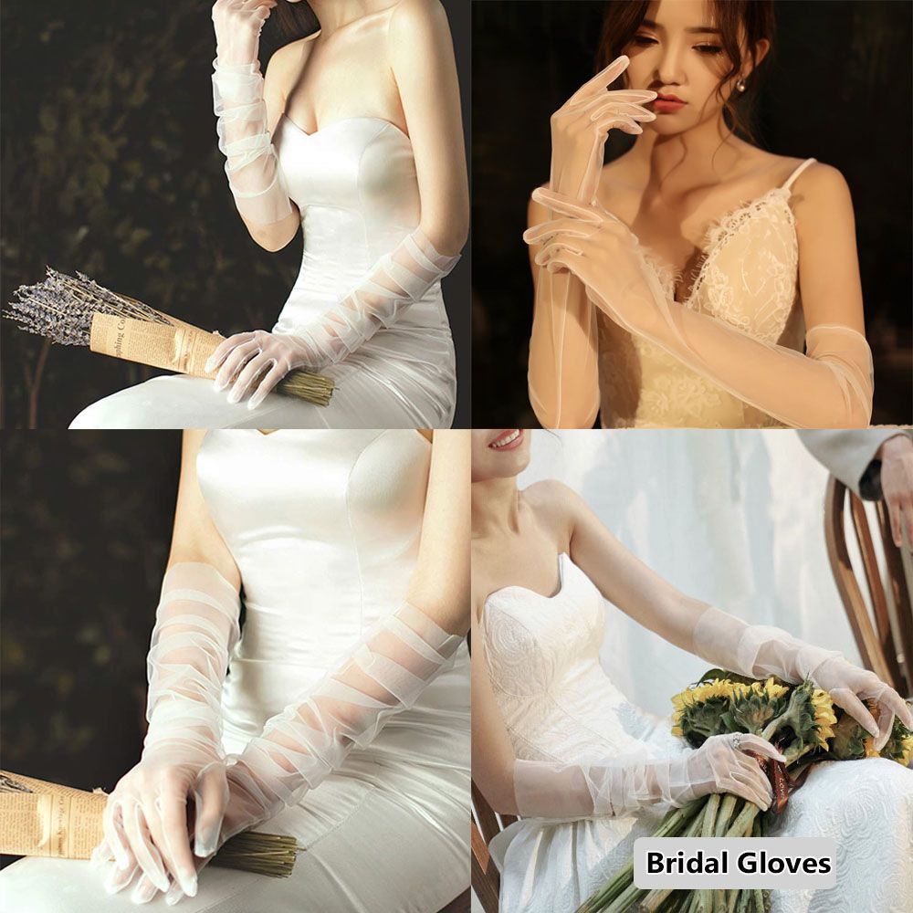 Găng tay vải tuyn trong suốt thời trang màu trắng cho Cô dâu và Dạ hội, đi tiệc, sự kiện, lễ hội, chụp ảnh MS: 40825