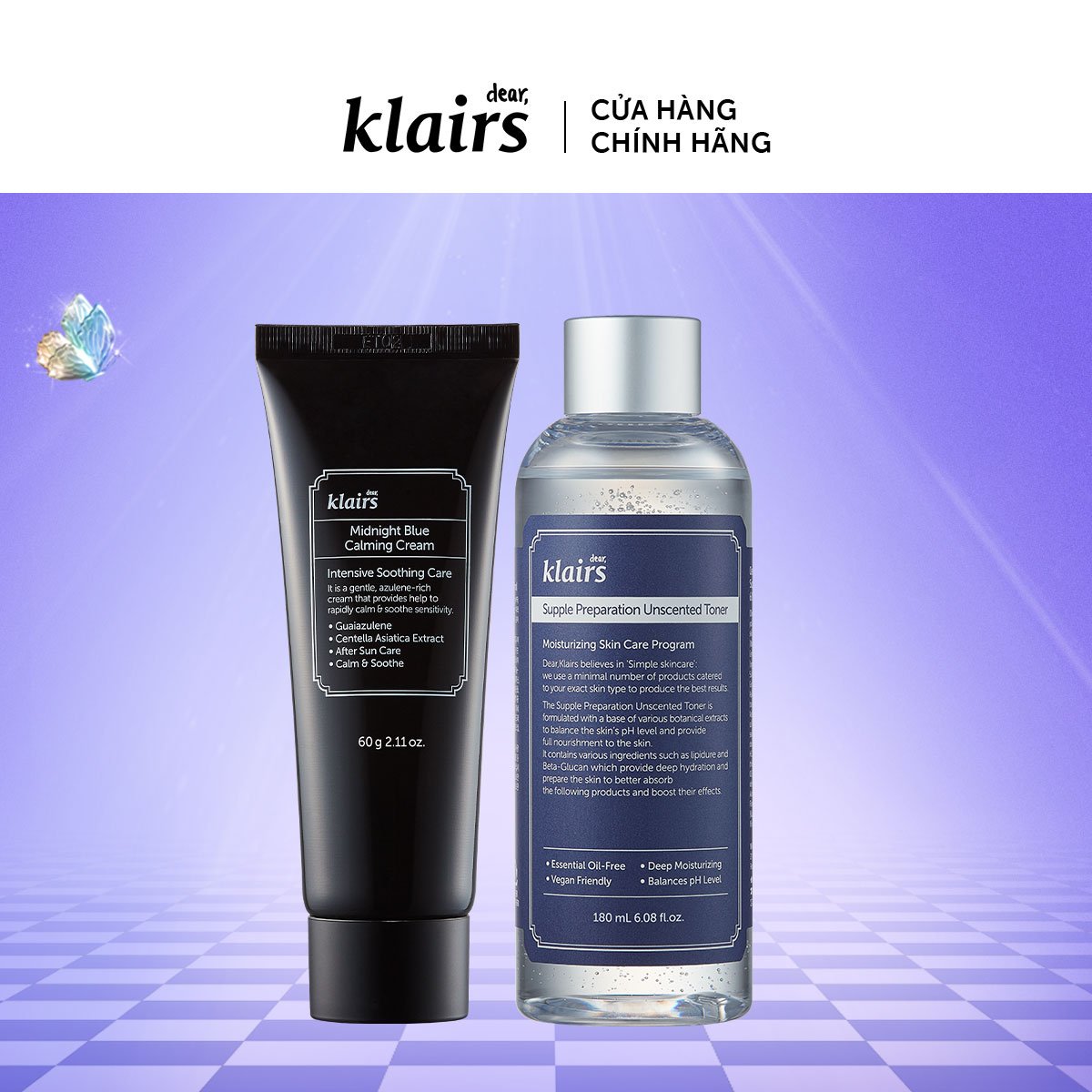 Combo Nước hoa hồng Dear, Klairs Supple Preparation Unscented Toner 180mL và Kem dưỡng Dear, Klairs Midnight Blue Calming 60g